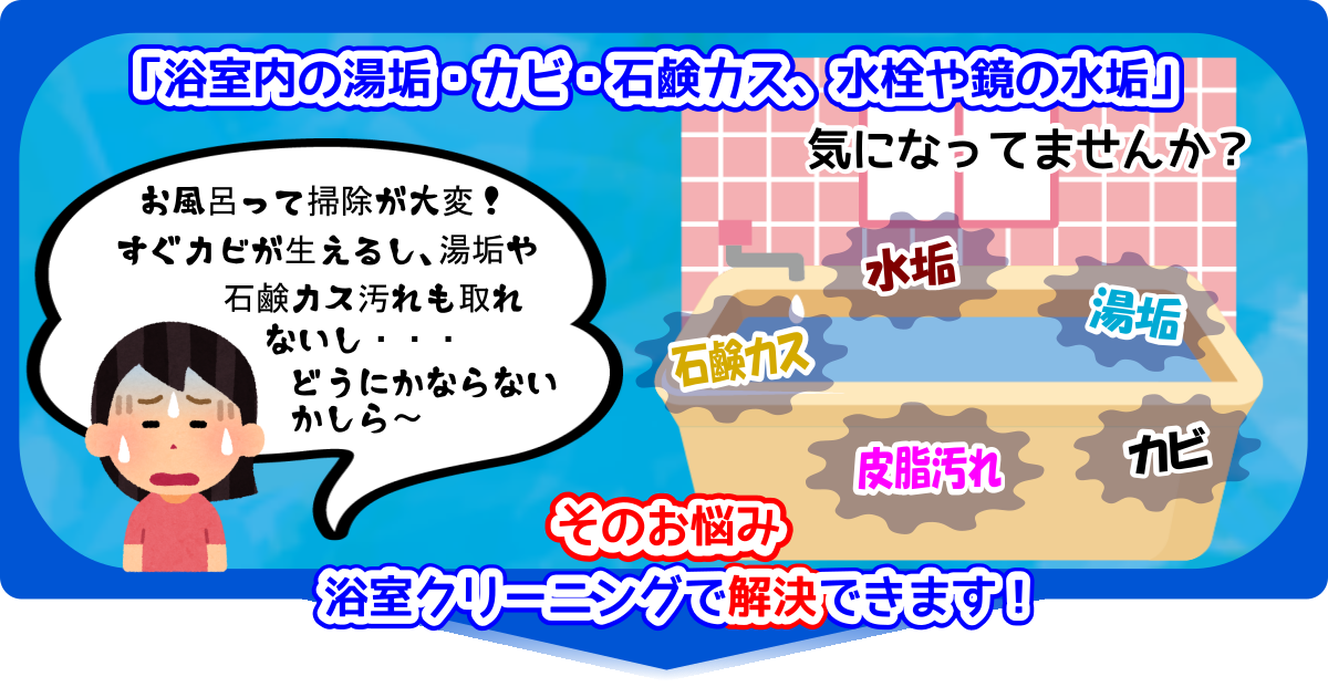 浴室はカビ・湯垢・石鹸カス・水垢で汚れています