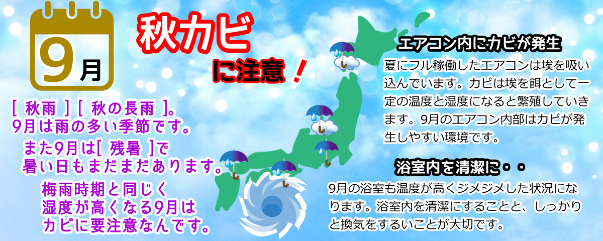 9月秋の長雨で秋カビに注意ハウスクリーニングでカビ対策
