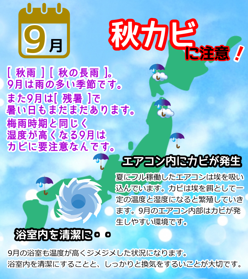 9月秋の長雨で秋カビに注意ハウスクリーニングでカビ対策