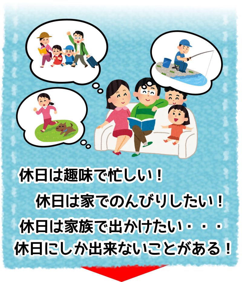 休日は家でのんびり、家族で外出、趣味で過ごす