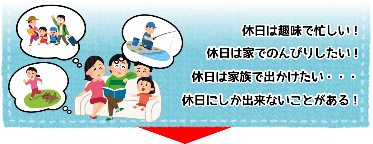 休日は家でのんびり、家族で外出、趣味で過ごす