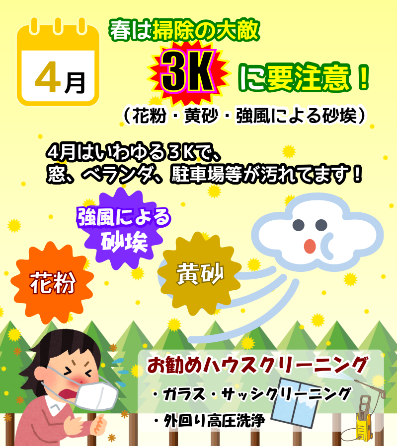 4月は花粉・黄砂・強風の3K対策でハウスクリーニング